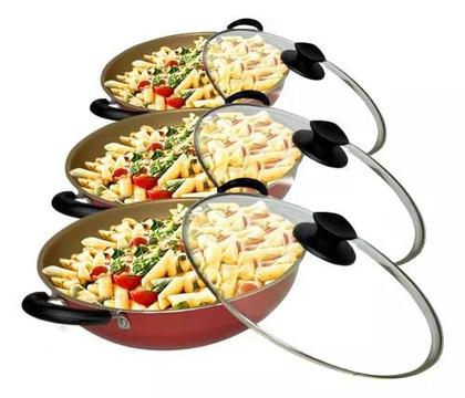 Imagem de Trio de Panelas Frigideiras Grandes Com Tampa De Vidro de Alumínio Com Antiaderente