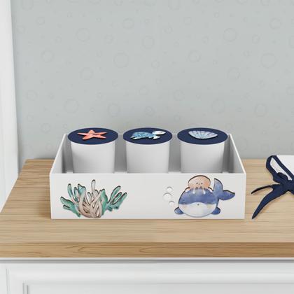 Imagem de Trio de Potes e Bandeja Kit Higiene MDF Fundo do Mar