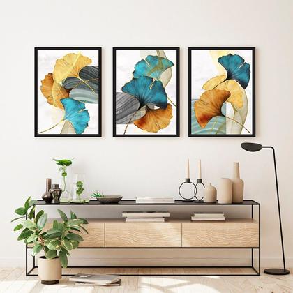 Imagem de Trio de Quadros Decorativos Desenho Folhas 60x40 Sala Quarto