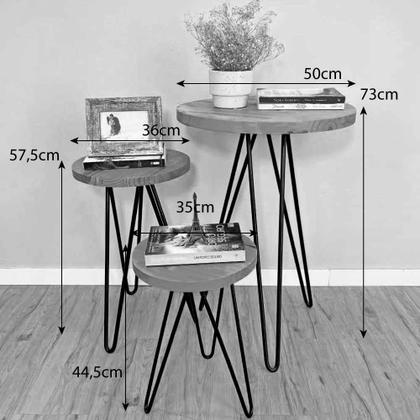 Imagem de Trio Mesa de Canto Hairpin Circular Industrial de Ferro e Madeira Natural e Preto