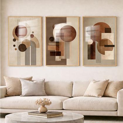 Imagem de Trio Quadros com Moldura Abstrato Marrom Curvas Kit 3 Quadros para Sala, Quarto ou Escritório