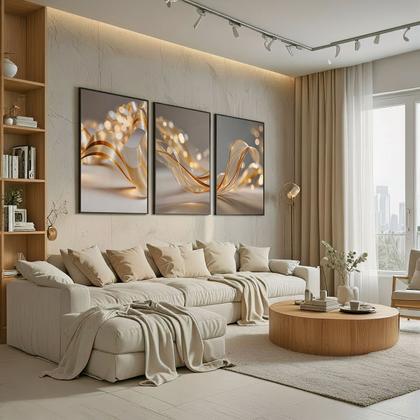 Imagem de Trio Quadros com Moldura e Acrilico Cristal Vidro  Abstrato Luxo Dourado Kit 3 Quadros para Sala, Quarto ou Escritório