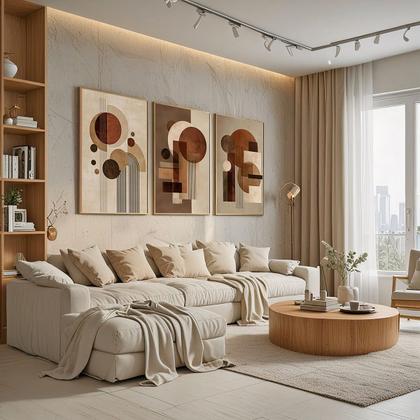 Imagem de Trio Quadros com Moldura e Acrilico Cristal Vidro  Abstrato Marrom Curvas Kit 3 Quadros para Sala, Quarto ou Escritório