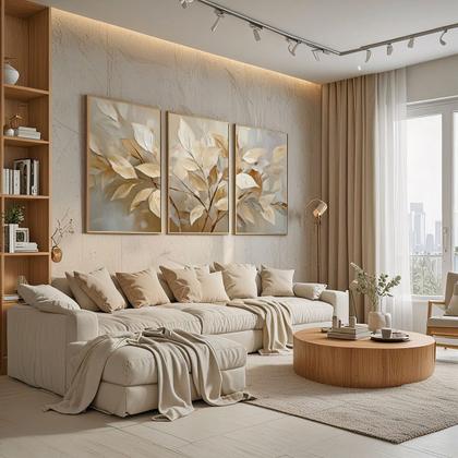 Imagem de Trio Quadros com Moldura e Acrilico Cristal Vidro  Arvore Bege Areia Folhas Kit 3 Quadros para Sala, Quarto ou Escritório