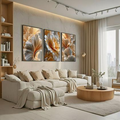 Imagem de Trio Quadros com Moldura e Acrilico Cristal Vidro  Floral Abstrato Gold Kit 3 Quadros para Sala, Quarto ou Escritório