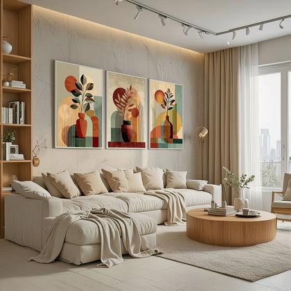 Imagem de Trio Quadros com Moldura e Acrilico Cristal Vidro  Moderno Terroso Floral Kit 3 Quadros para Sala, Quarto ou Escritório