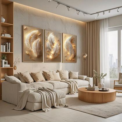 Imagem de Trio Quadros com Moldura e Acrilico Cristal Vidro  Penas Dourada Kit 3 Quadros para Sala, Quarto ou Escritório