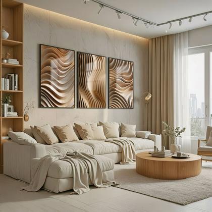 Imagem de Trio Quadros com Moldura Madeiras Relevo 3D Kit 3 Quadros para Sala, Quarto ou Escritório