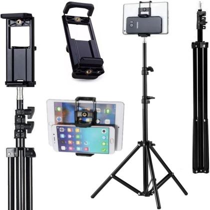 Imagem de Tripé Pedestal 2,10m Profissional Suporte 2 em 1 Encaixe Para Celular e Tablet Apoio Universal Ajustável Rosca 1/4
