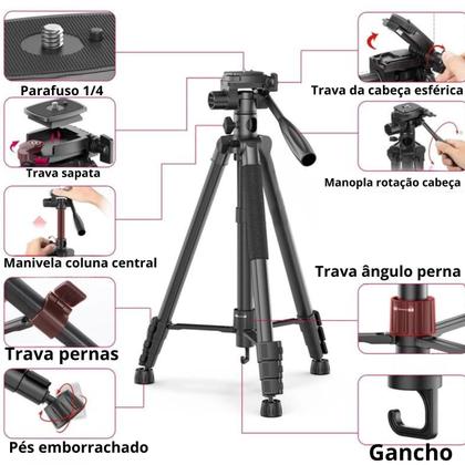 Imagem de Tripé Profissional 2.6m + Suporte Para Celular Câmera