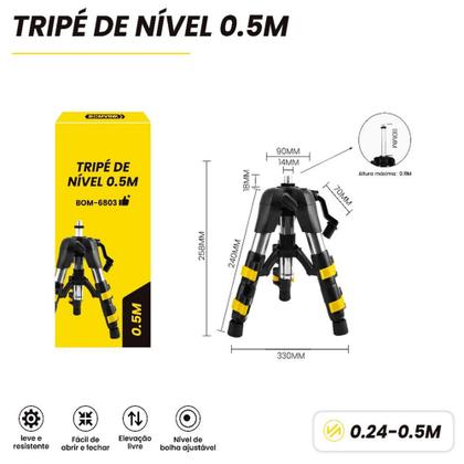 Imagem de Tripé Profissional para Nível a Laser 50cm com Altura Ajustável e Nível de Bolha BOM6803