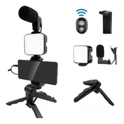 Imagem de Tripé Suporte De Celular Com Iluminação De Led Microfone Condensador P2 Com Controle Sem Fio
