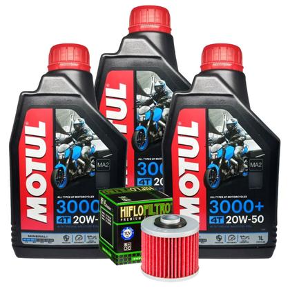 Imagem de Troca de Óleo Motul 3000+ 20W50 03 Litros Xt 600 / Xt 660 / Virago 250 + Filtro Hiflo Hf145