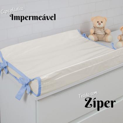 Imagem de Trocador Americano Comoda Fraldas Impermeável Anatomico Com Abas Bebê Enxovais Capa Plástica Off White com Azul Bebe