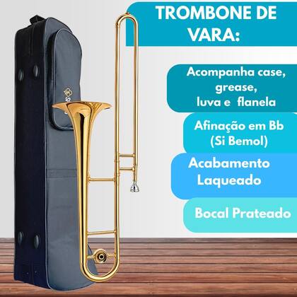 Imagem de Trombone De Vara Laqueado Com case profissional e iniciante