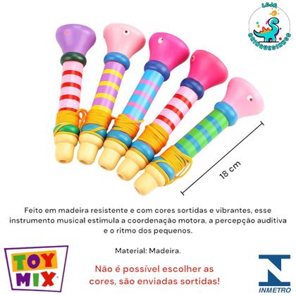 Imagem de Trompete Infantil Colorido Instrumento Musical Madeira 18cm