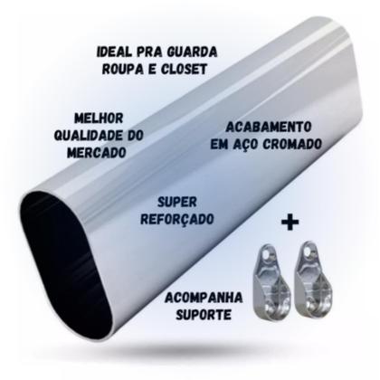 Imagem de Tubo Oval Oblongo Cabideiro Aço Cromado Suporte de Guarda Roupas (Escolha a Medida)