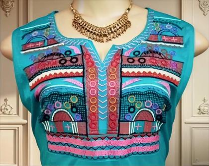 Imagem de Túnica Indiana Bordada, Em Viscose, Manga Cavada, Cod.2177