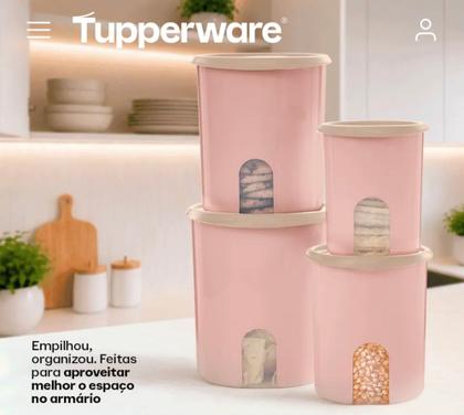 Imagem de Tupperware kit potes mantimentos instantânea mágica com visor 4 peças original rosa chá