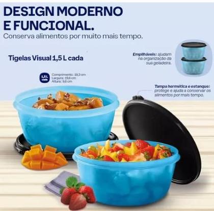 Imagem de Tupperware Tigela Visual 1,5 Litro Azul e Preto Hermetica 2 Peças