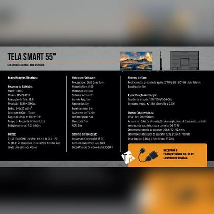 Imagem de TV 55 Smart LED 4K Ultra HD com WiFi, Bluetooth e Apps Netflix, YouTube, Prime Video