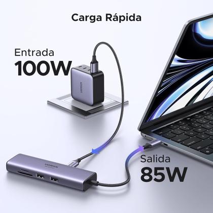 Imagem de UGREEN Adaptador USB C USB A 5Gbps Hub 7 em 1 carregamento PD 100W 4K 60Hz HDMI RJ45 leitor cartão