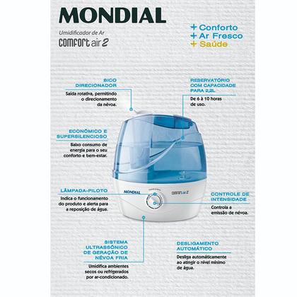 Imagem de Umidificador Ar Ultrassonico Mondial NUA02 2L Azul  Bivolt