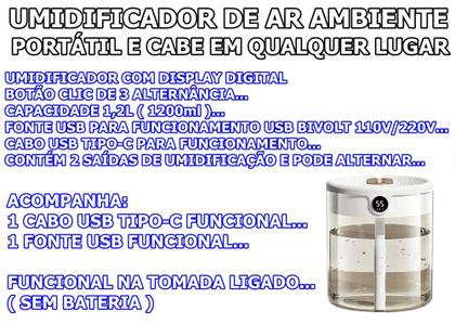 Imagem de Umidificador De Ar Digital Dupla Saída Portátil cabe em qualquer lugar Bivolt 1,2 L com nota fiscal