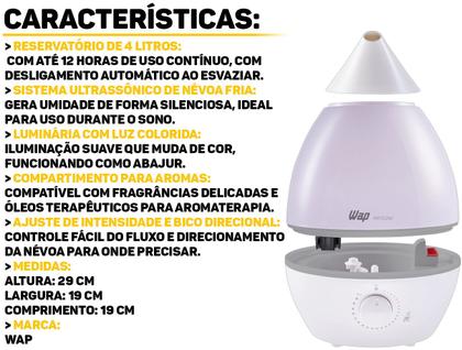 Imagem de Umidificador De Ar Ultrassônico WAP Air Flow 4L C/ Luminária Led E Difusor De Aromas Bivolt Silencioso 20W