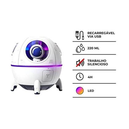 Imagem de Umidificador Espacial Branco Recarregável USB 220ml Névoa Intermitente Astronauta Aromatizador Modo Noturno Climatizador