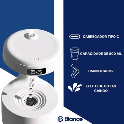 Imagem de Umidificador Luminária Relógio Efeito Gotas Anti-Gravidade 800ML Branco