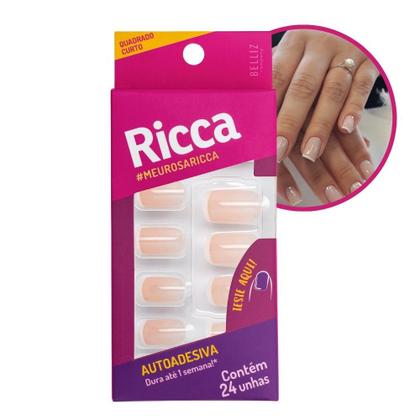 Imagem de Unhas Postiças Francesinha Rosa Autoadesiva Quadrada Curta 24 Unhas Ricca