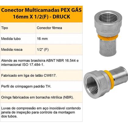 Imagem de União Conexão Reta Tubo Pex Multicamadas 16x1/2" Gás Druck