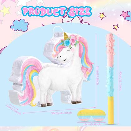 Imagem de Unicórnio pequeno Piñata Harrycle com bastão e olhos vendados para meninas