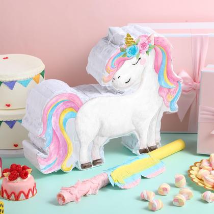 Imagem de Unicórnio pequeno Piñata Harrycle com bastão e olhos vendados para meninas