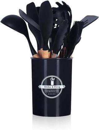 Imagem de Utensílio Cozinha Silicone Espátulas, Colheres, Kit 12 Peças Preto