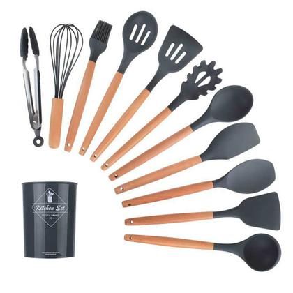 Imagem de Utensílio Cozinha Silicone Espátulas, Colheres, Kit 12 Peças Preto