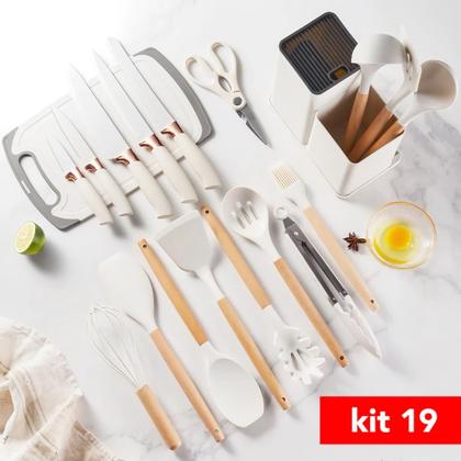 Imagem de Utensílios De Cozinha Silicone 19 Peças Com Tábua Kit Facas Branco OffWhite