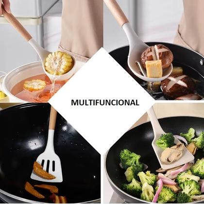 Imagem de Utensílios De Cozinha Silicone 19 Peças Com Tábua Kit Facas Branco OffWhite