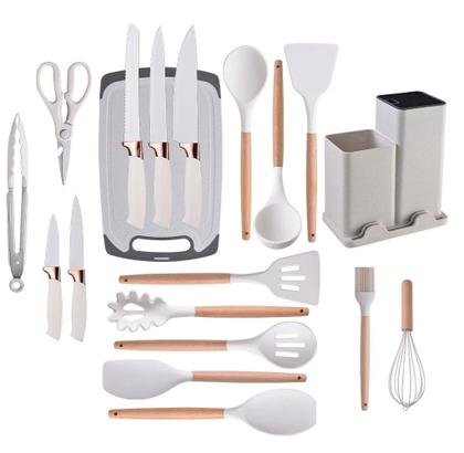 Imagem de Utensílios De Cozinha Silicone 19 Peças Com Tábua Kit Facas Branco OffWhite