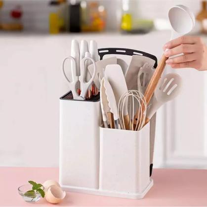 Imagem de Utensílios De Cozinha Silicone 19 Peças Com Tábua Kit Facas Branco OffWhite