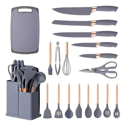 Imagem de Utensílios De Cozinha Silicone 19 Peças Com Tábua Kit Facas Cinza
