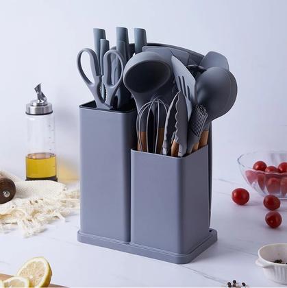Imagem de Utensílios De Cozinha Silicone 19 Peças Com Tábua Kit Facas Cinza
