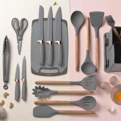 Imagem de Utensílios De Cozinha Silicone 19 Peças Com Tábua Kit Facas Cinza