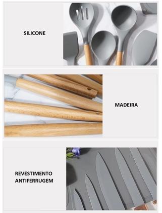 Imagem de Utensílios De Cozinha Silicone 19 Peças Com Tábua Kit Facas Cinza