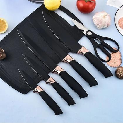 Imagem de Utensílios De Cozinha Silicone 19 Peças Com Tábua Kit Facas Preto Black