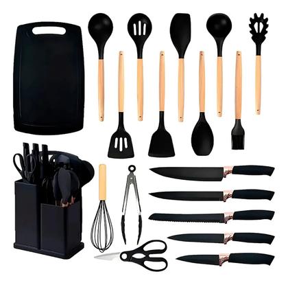 Imagem de Utensílios De Cozinha Silicone 19 Peças Com Tábua Kit Facas Preto Black