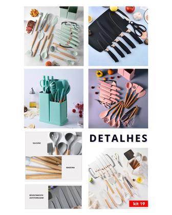 Imagem de Utensílios De Cozinha Silicone 19 Peças Com Tábua Kit Facas Preto Black