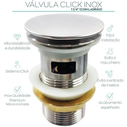 Imagem de Valvula Click Inox 1 1/4 com Ladrão Banheiro Ralo de Pia para Lavabo Escoamento Cuba Lavatorio 4cm Espelhado Brilhoso