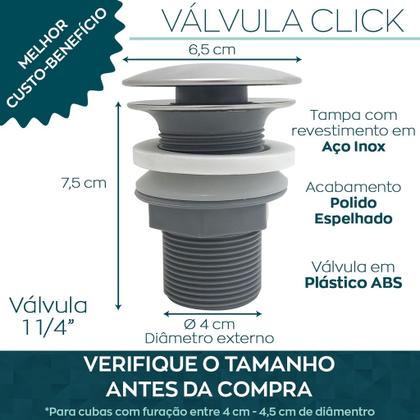 Imagem de Válvula Click para Ralo de Pia Lavatório Cuba 1. 1/4 Aço Inox Elimina Mau Cheiro 